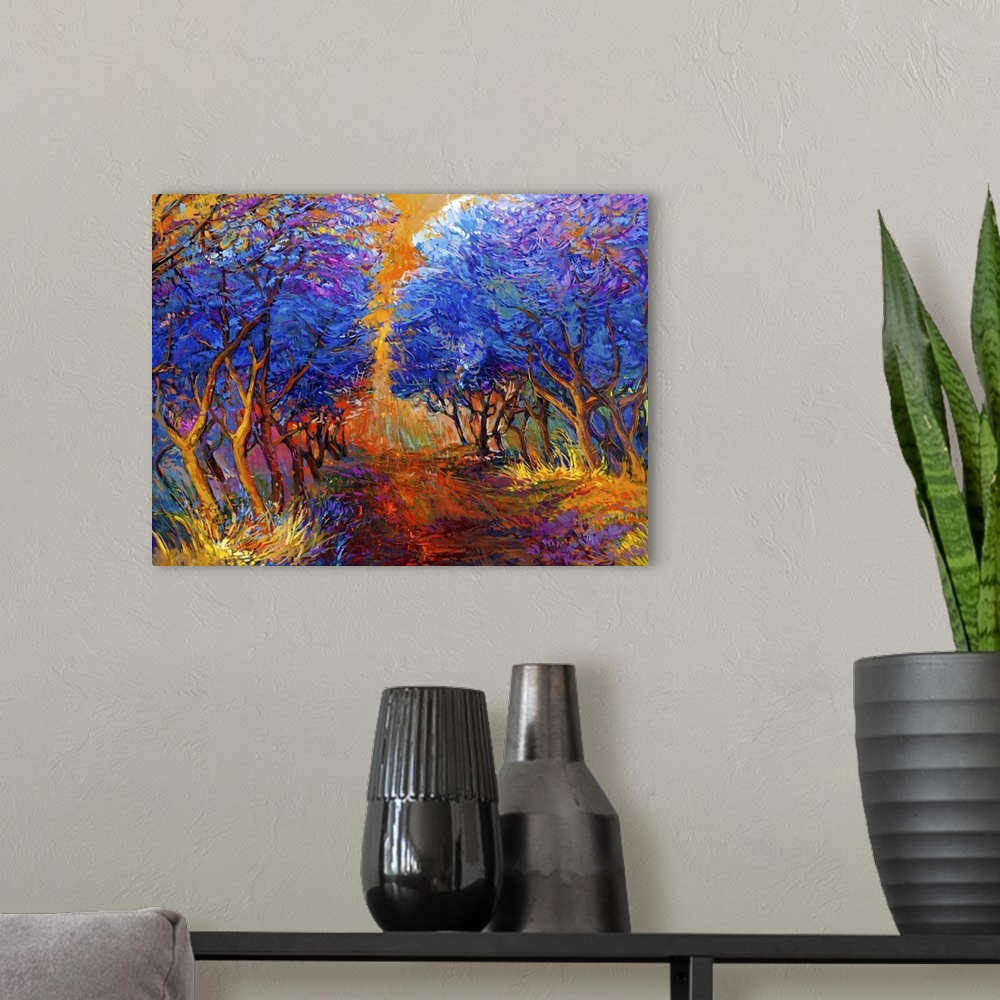 A modern room featuring Originally an oil painting of a beautiful sunset landscape. Autumn forest and sun rays.