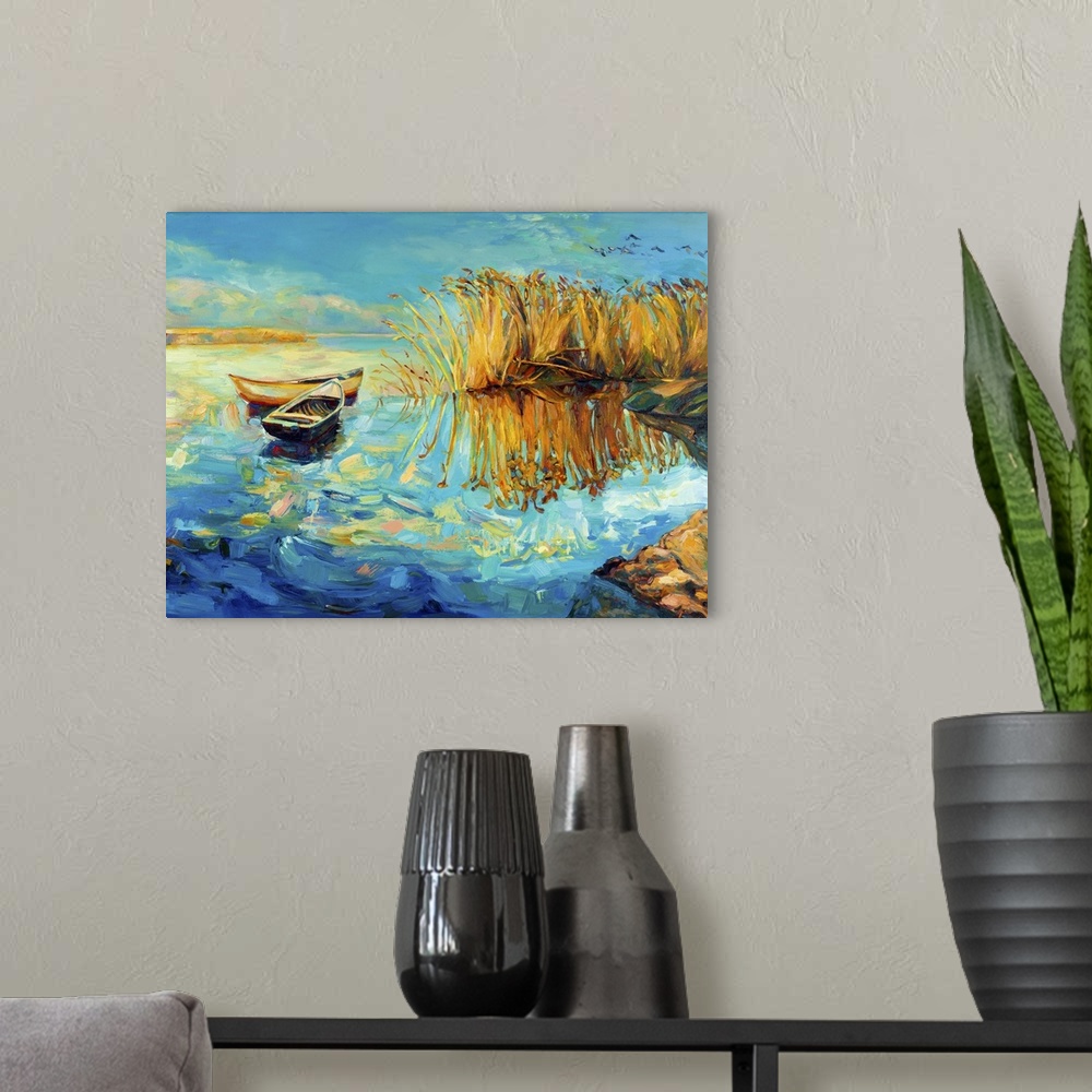 A modern room featuring Originally an oil painting on canvas of boats and a beautiful lake.