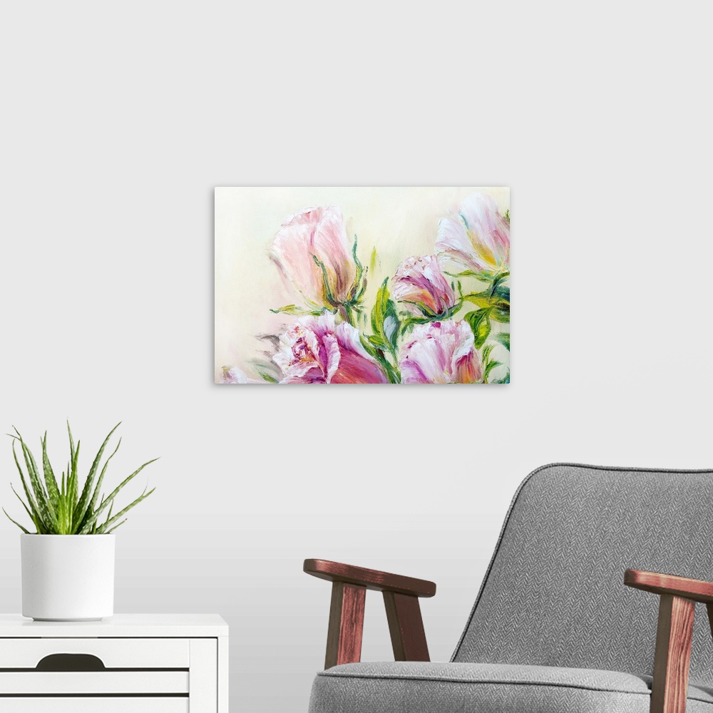 A modern room featuring Beautiful roses, originally an oil painting on canvas.