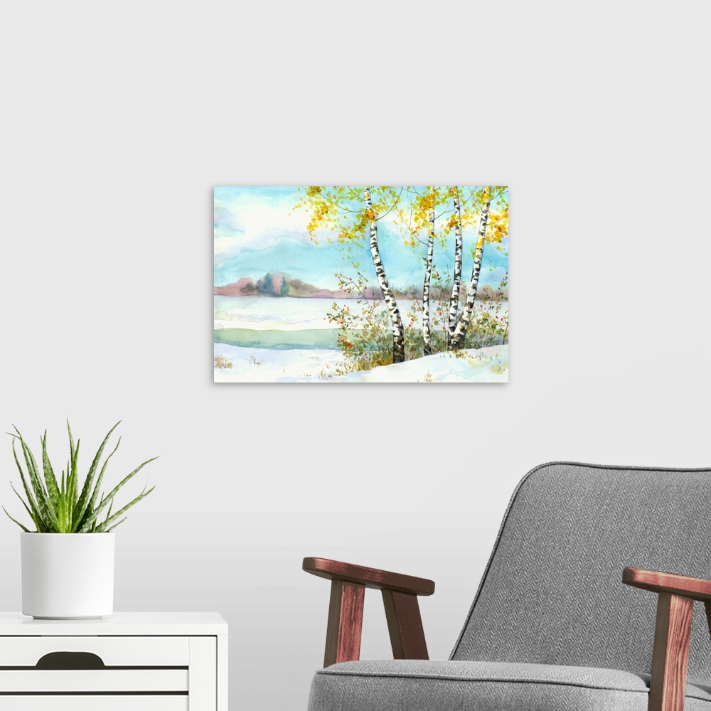 A modern room featuring Watercolor landscape of a yellowing birch and wild rose in a snow-covered field near the river.