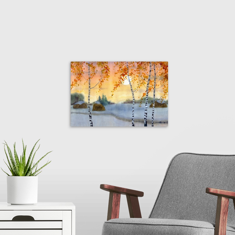 A modern room featuring Watercolor landscape of yellowing birch trees near a trail in snowy field.