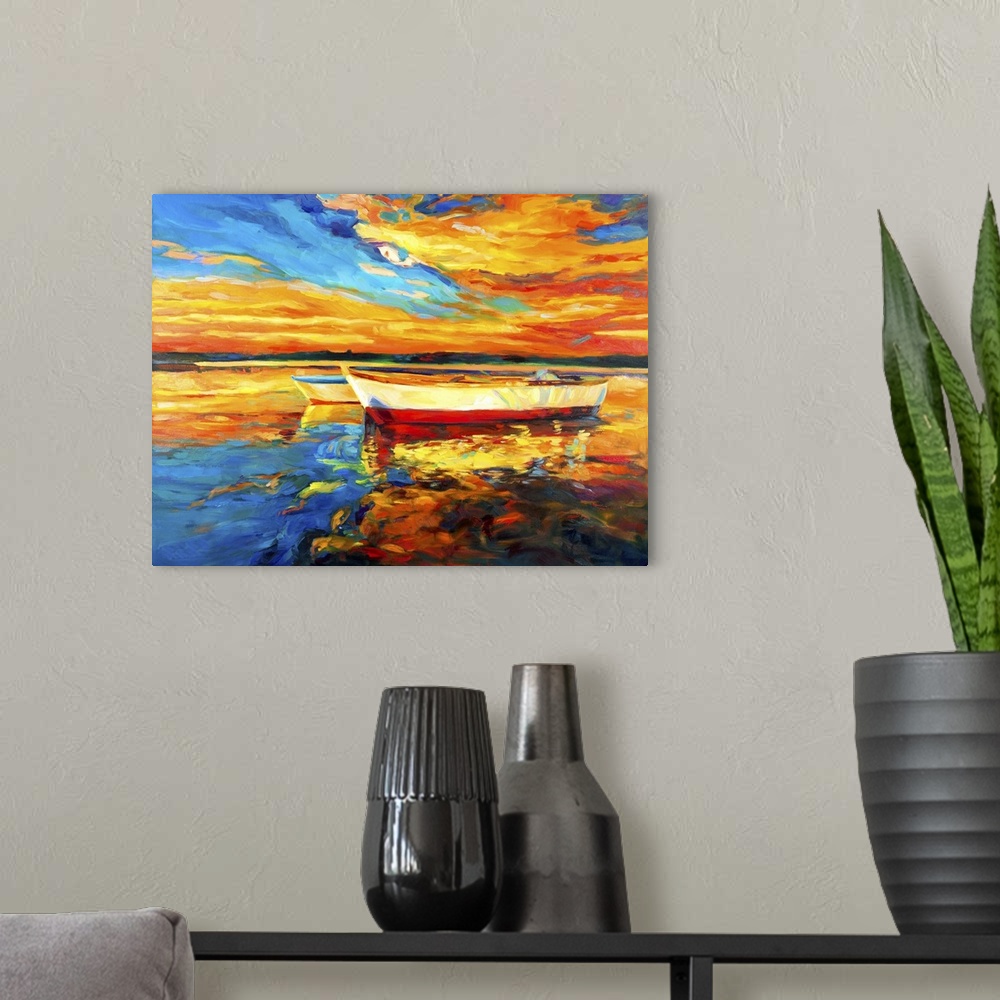 A modern room featuring Originally an oil painting on canvas of a boat and the sea.