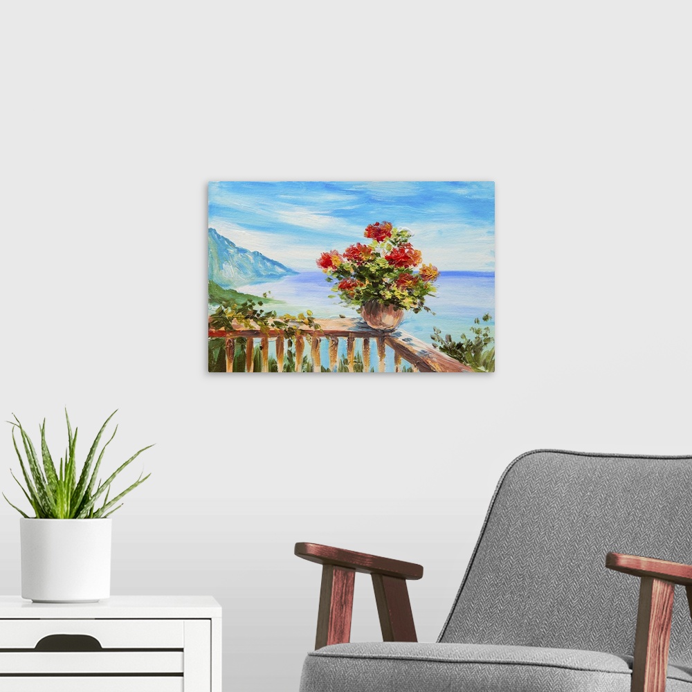 A modern room featuring Originally an oil painting.