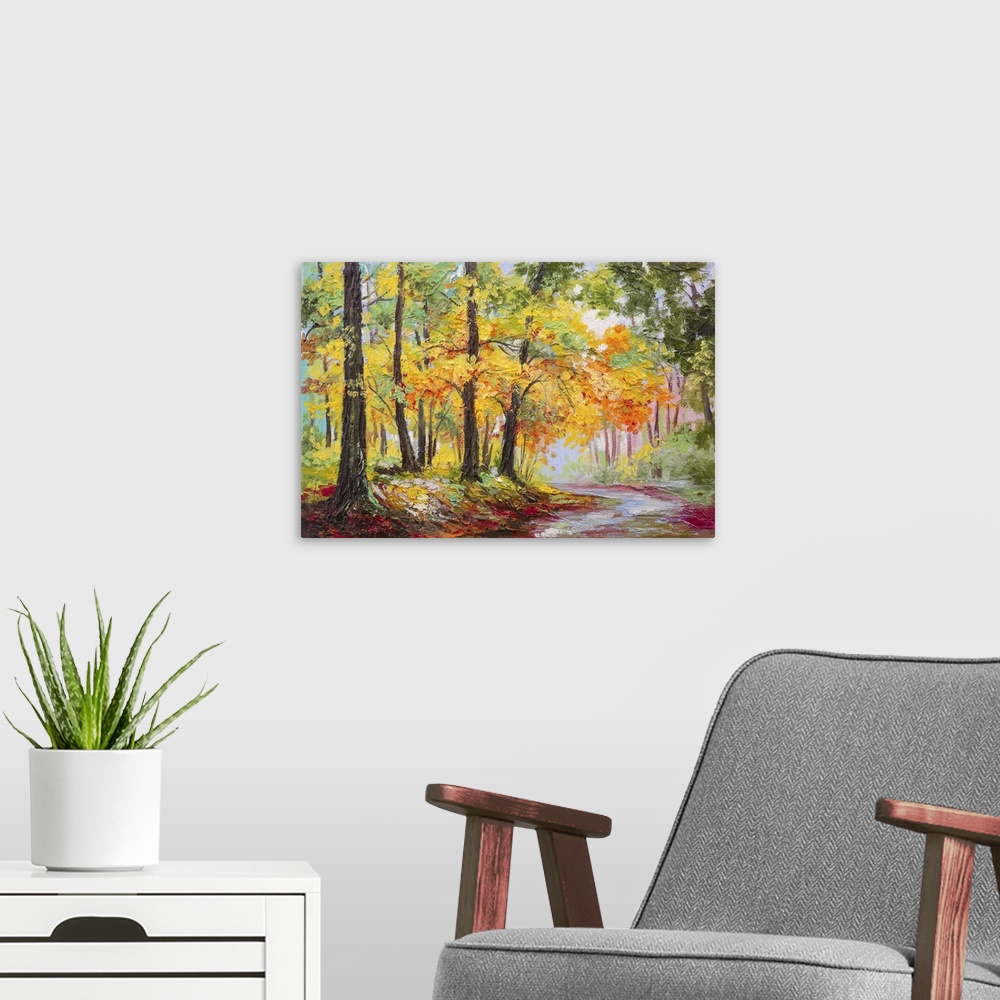 A modern room featuring Originally an oil painting landscape - colorful autumn forest.
