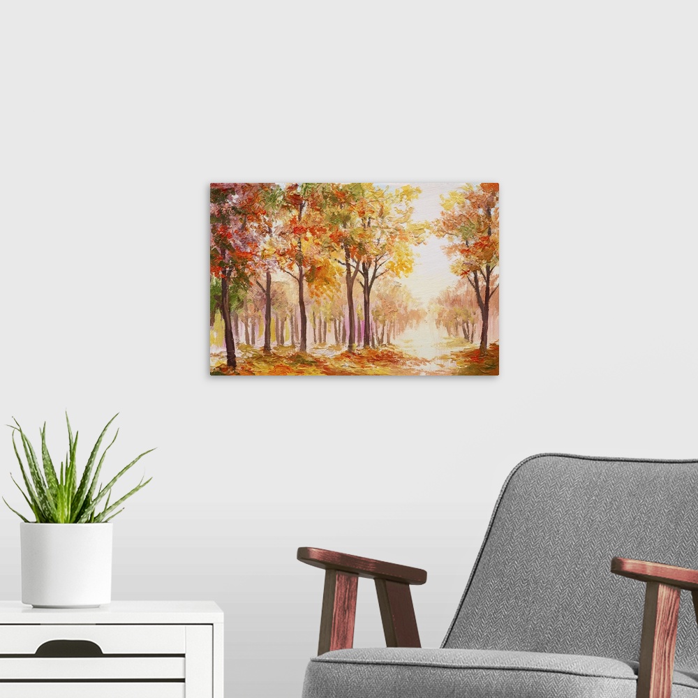 A modern room featuring Originally an oil painting landscape of a colorful autumn forest.