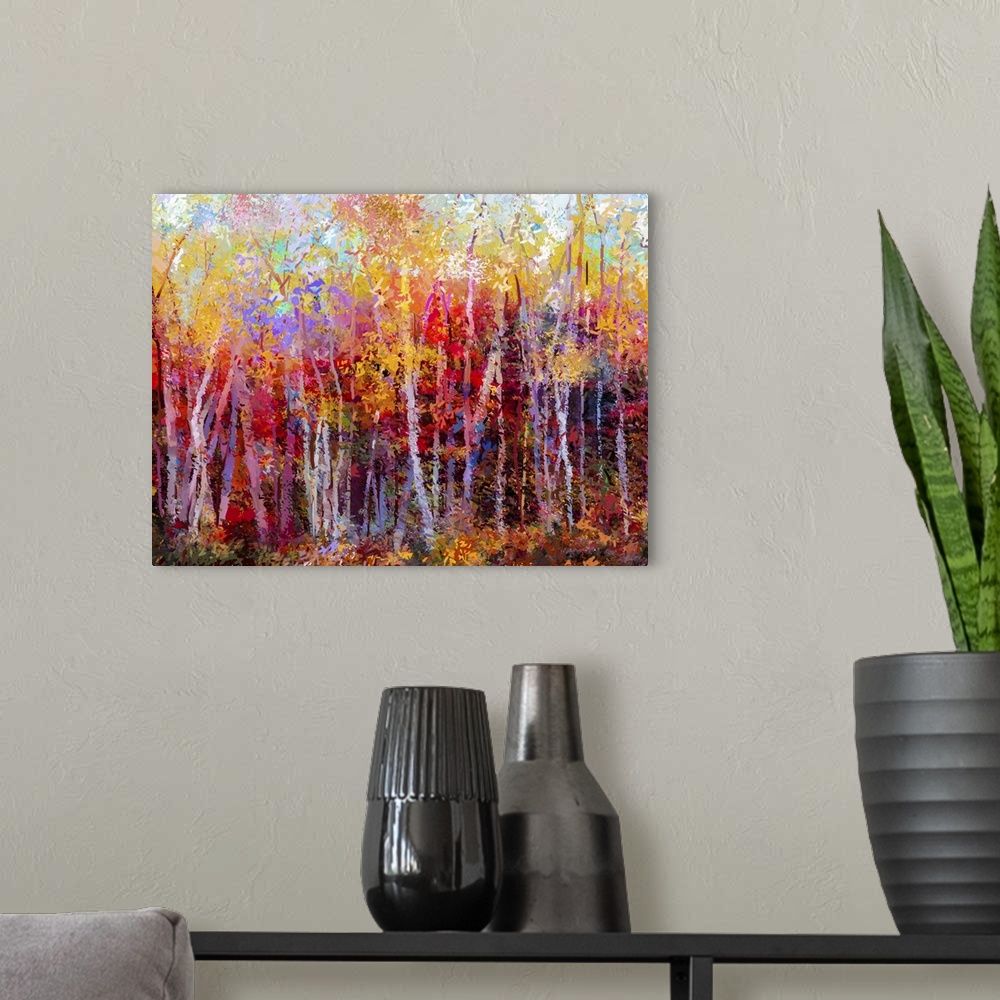A modern room featuring Colorful Autumn Trees