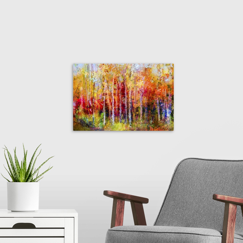 A modern room featuring Colorful Autumn Trees