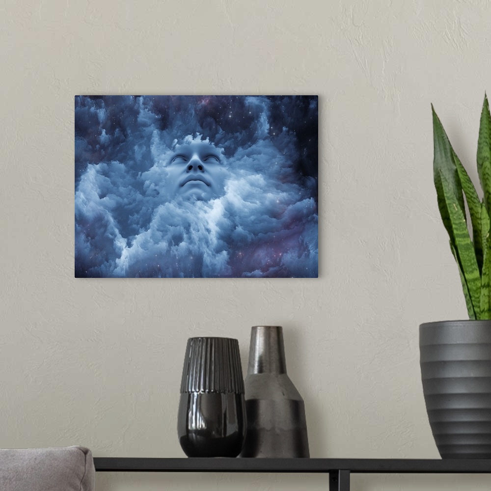 A modern room featuring Dreaming intellect series. Backdrop composed of human face and technological elements and suitabl...