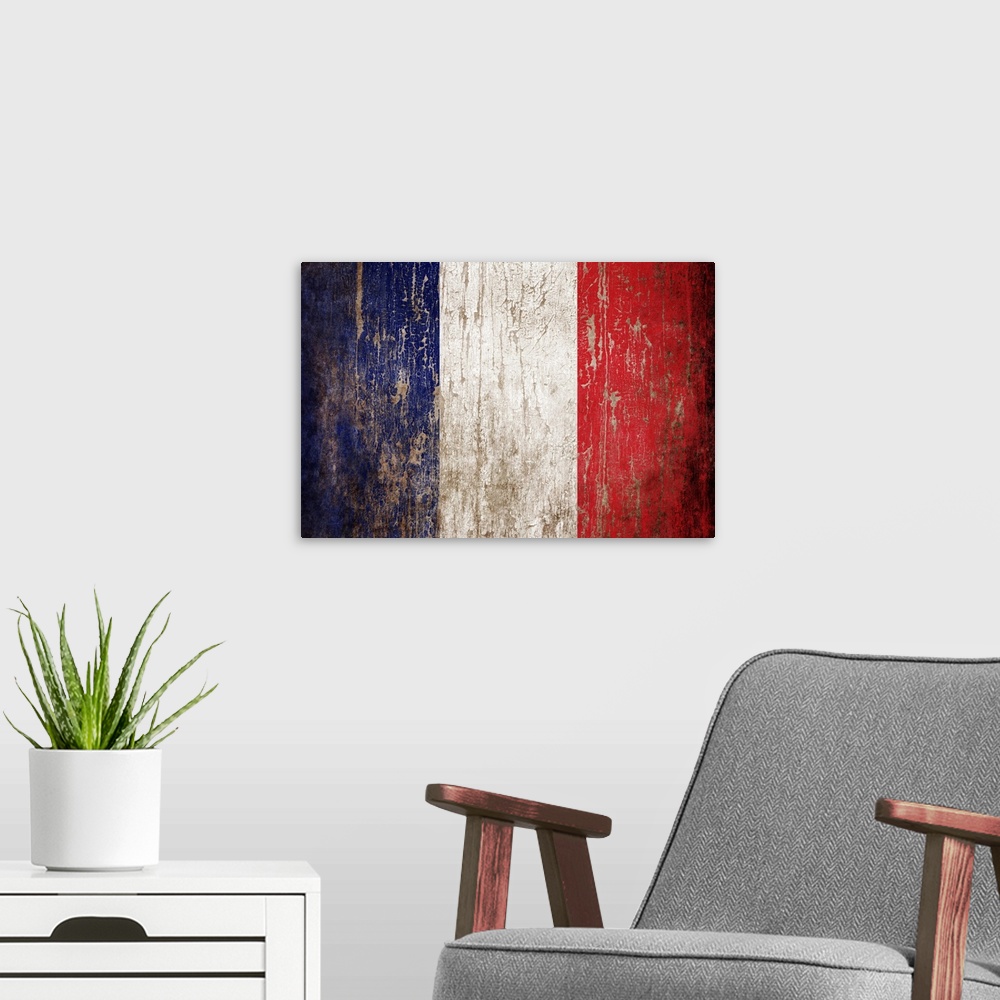 A modern room featuring Grunge textured flag of France.