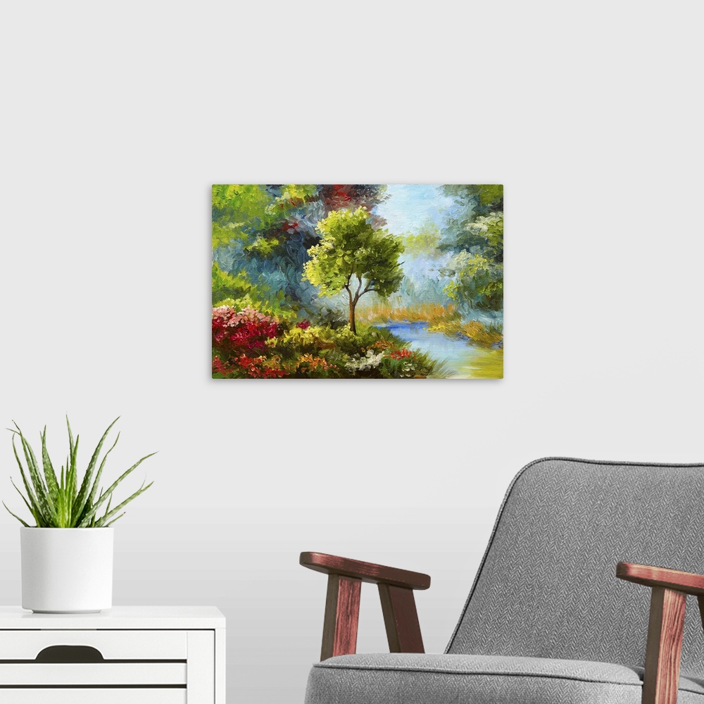 A modern room featuring Flowers And Trees Near The River At Sunset