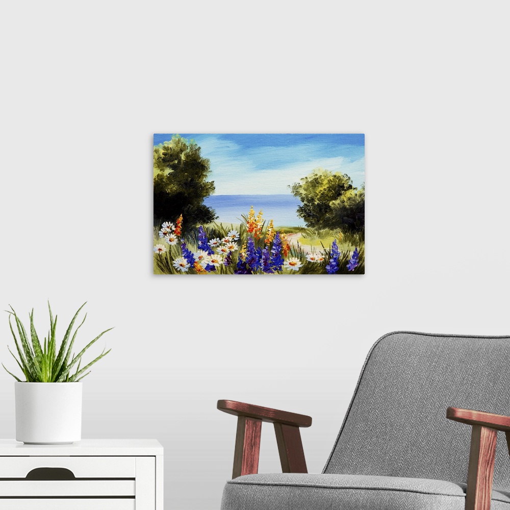 A modern room featuring Originally an oil painting flowers near the sea, chamomile field, sunset.