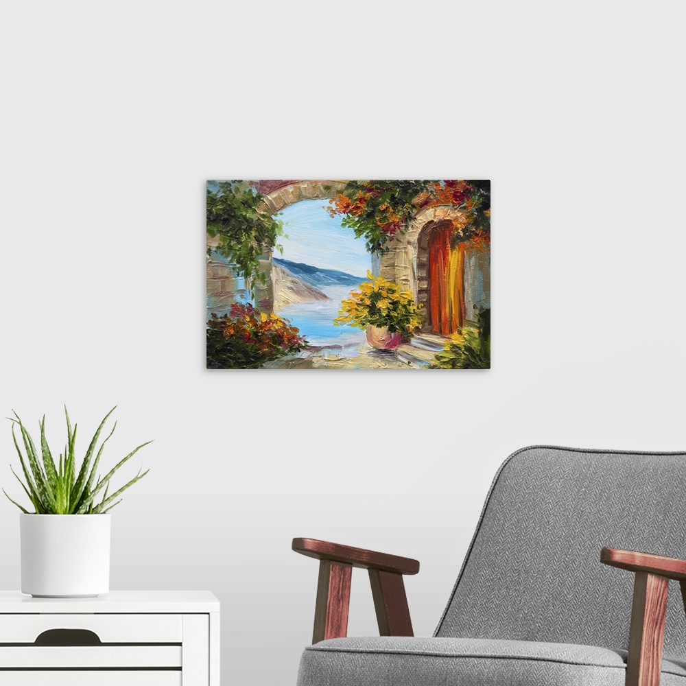A modern room featuring Originally an oil painting of beautiful nature, colorful flowers, street.