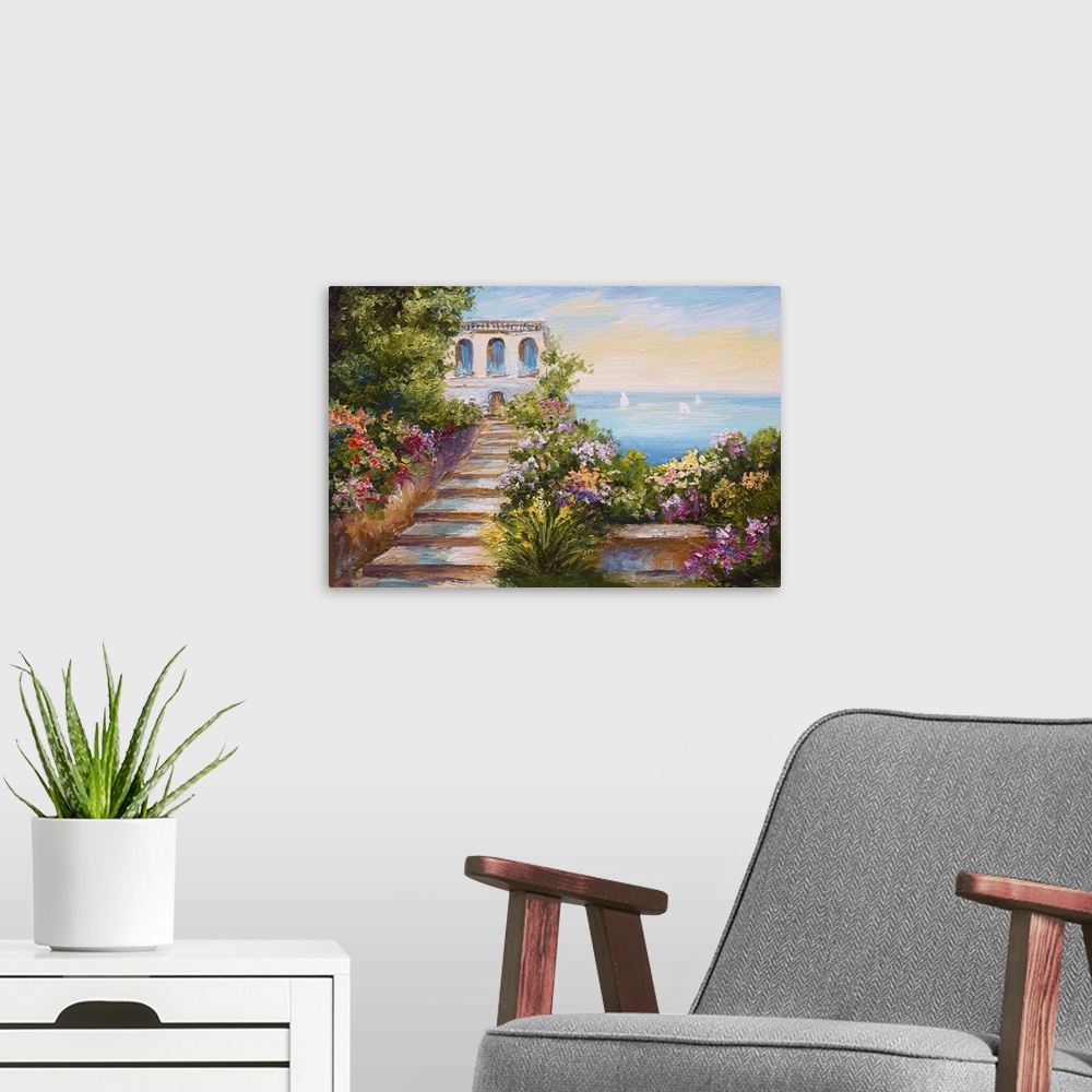 A modern room featuring Originally an oil painting of a house near the sea, colorful flowers, summer seascape.