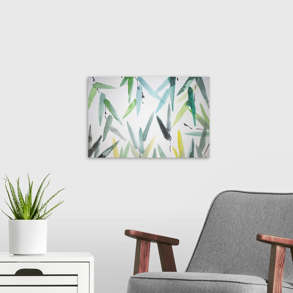 A modern room featuring Japanese painting with colorful branches on white background.
