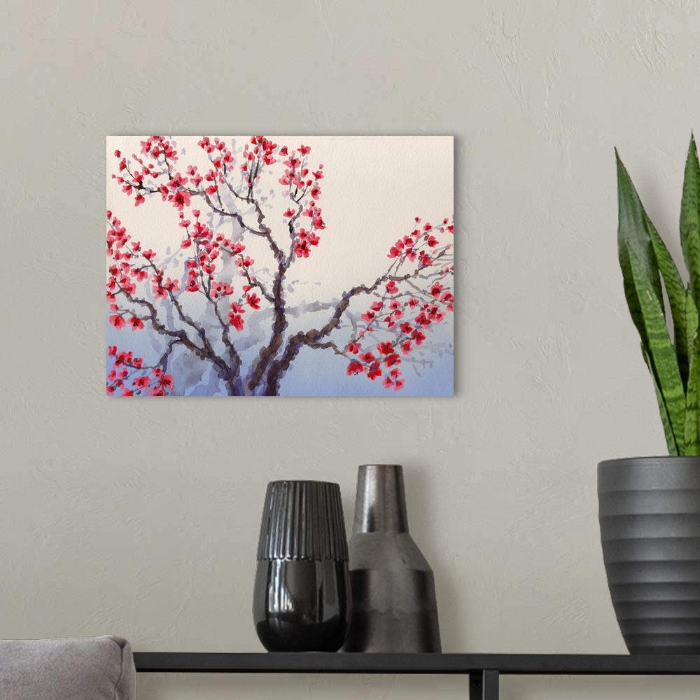 A modern room featuring Watercolor landscape in Chinese style. The bright red flowers bloom in spring on old tree.