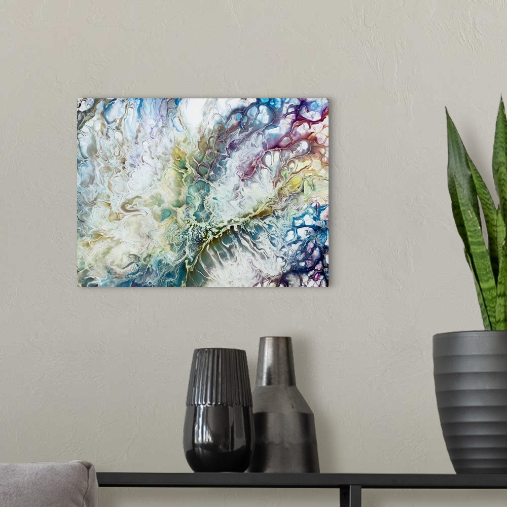 A modern room featuring Colorful abstract liquid painting of marble texture.