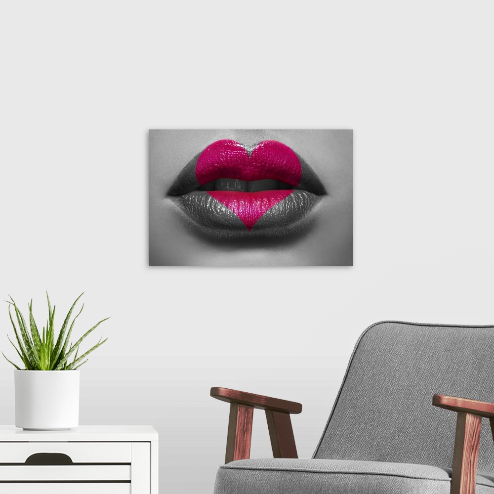 A modern room featuring Pink lipstick pattern in shape of a heart on lips.