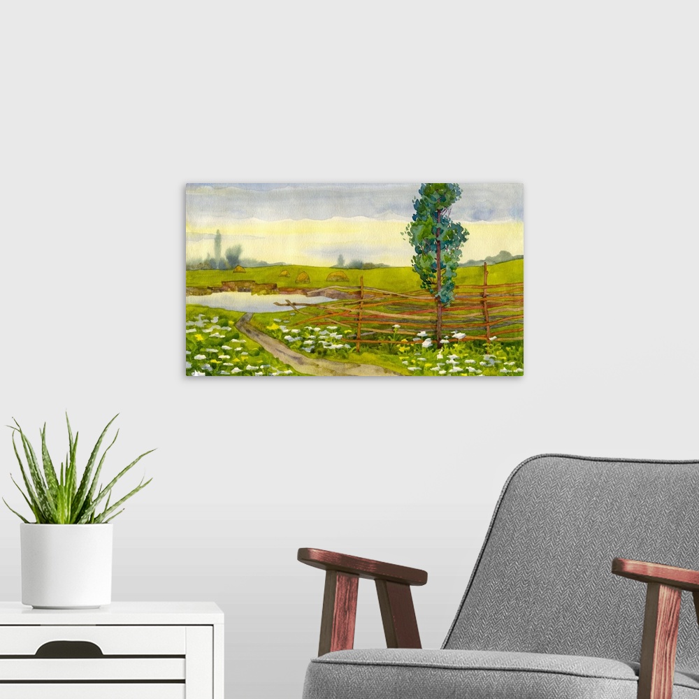 A modern room featuring Watercolor landscape of a poplar near a fence,