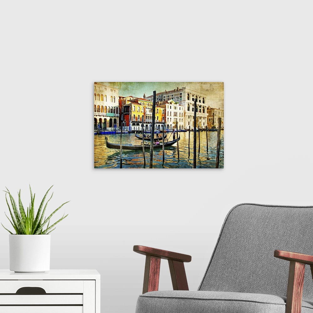 A modern room featuring Romantic Venice - artwork in painting style.