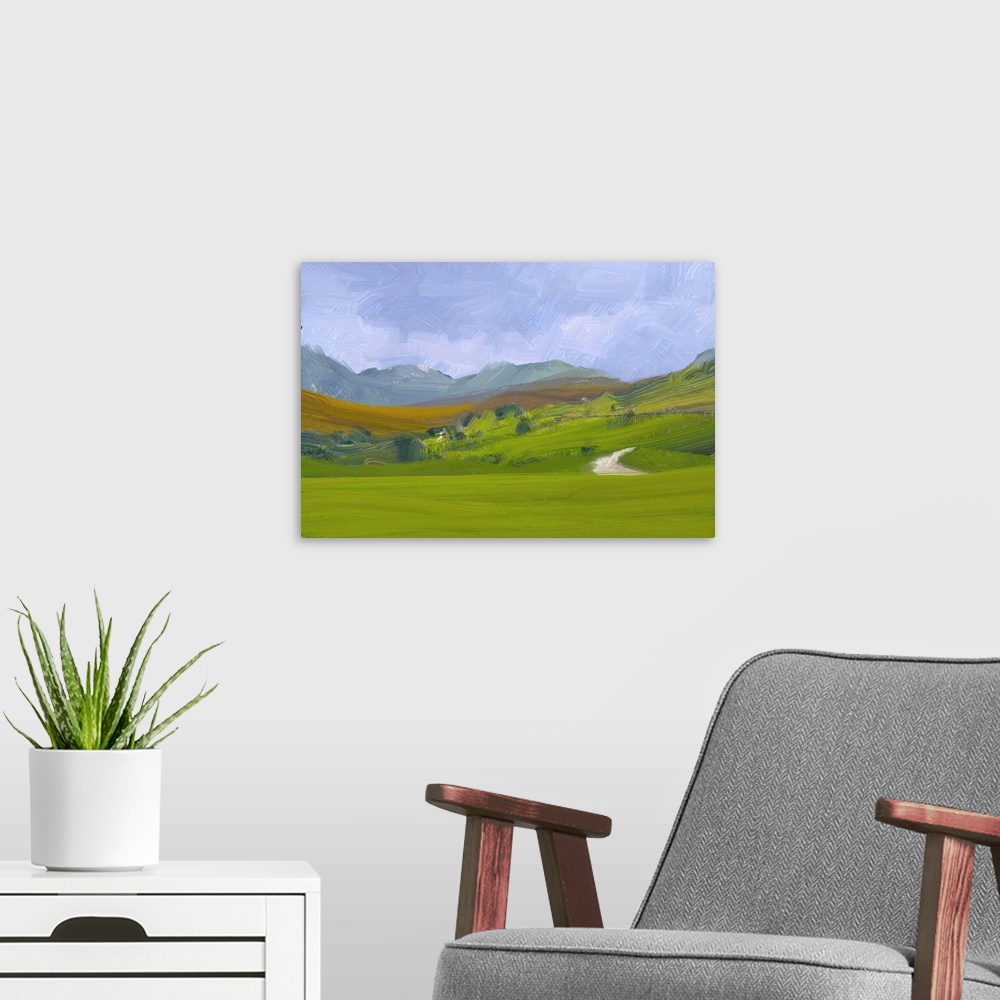 A modern room featuring 2D illustration. Originally an oil painting, landscape art. Rural mountain region. Colorful green...