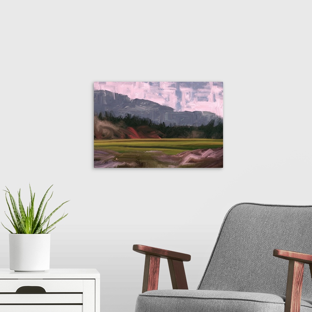 A modern room featuring 2D illustration. Originally an oil painting of landscape art. Rural mountain region. Colorful gre...
