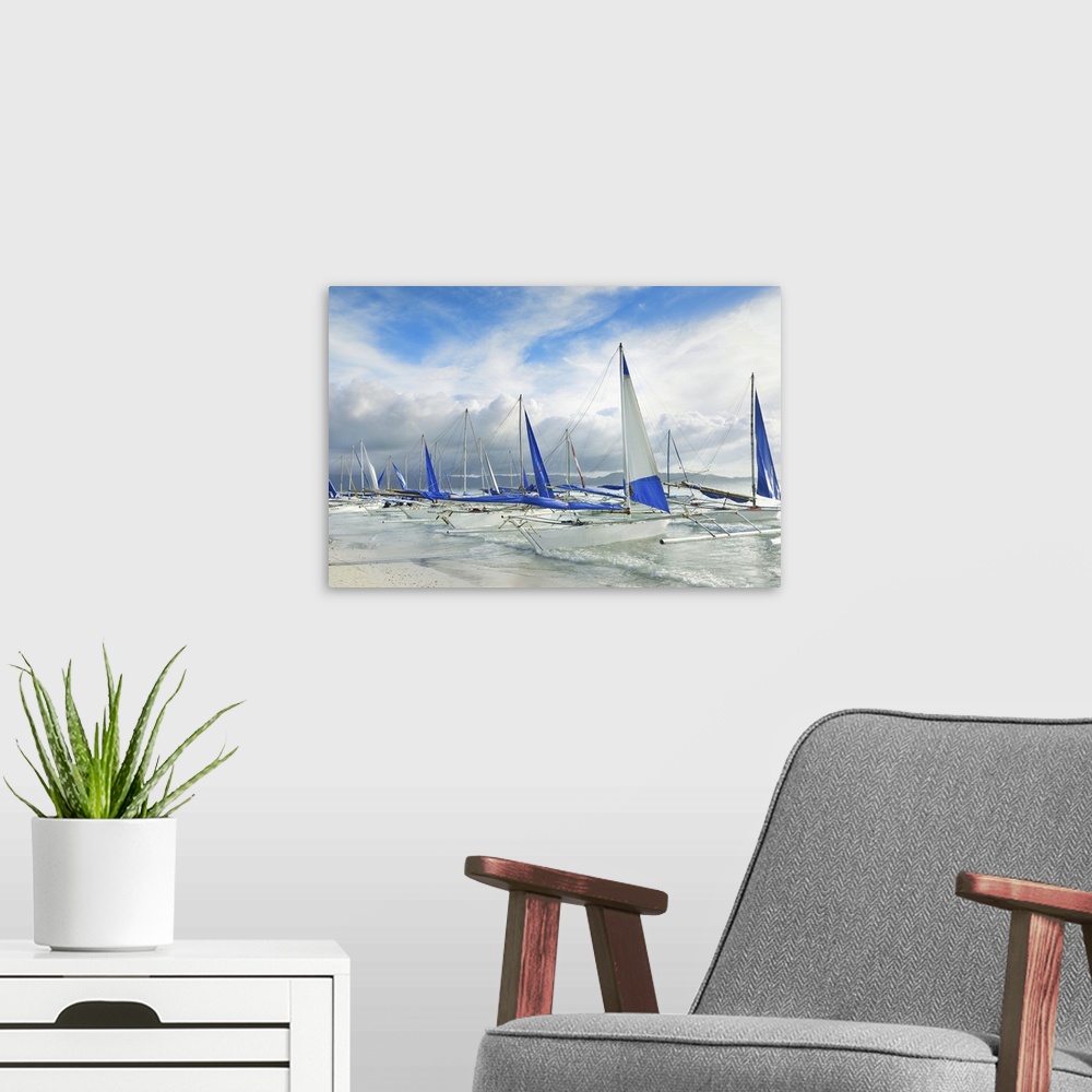A modern room featuring Sailboats And Sandy Coast At Boracay, Philippines