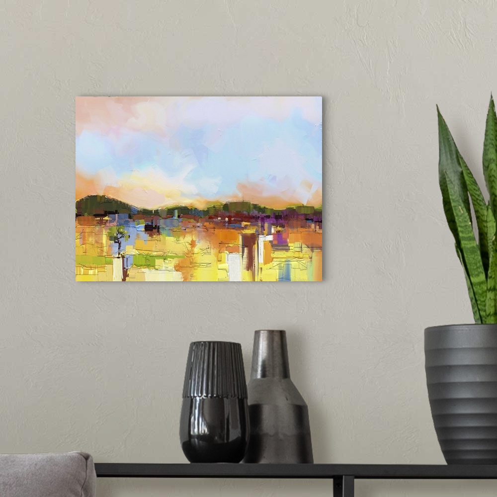 A modern room featuring Originally an abstract oil painting landscape on canvas. Semi- abstract image of hill and field i...