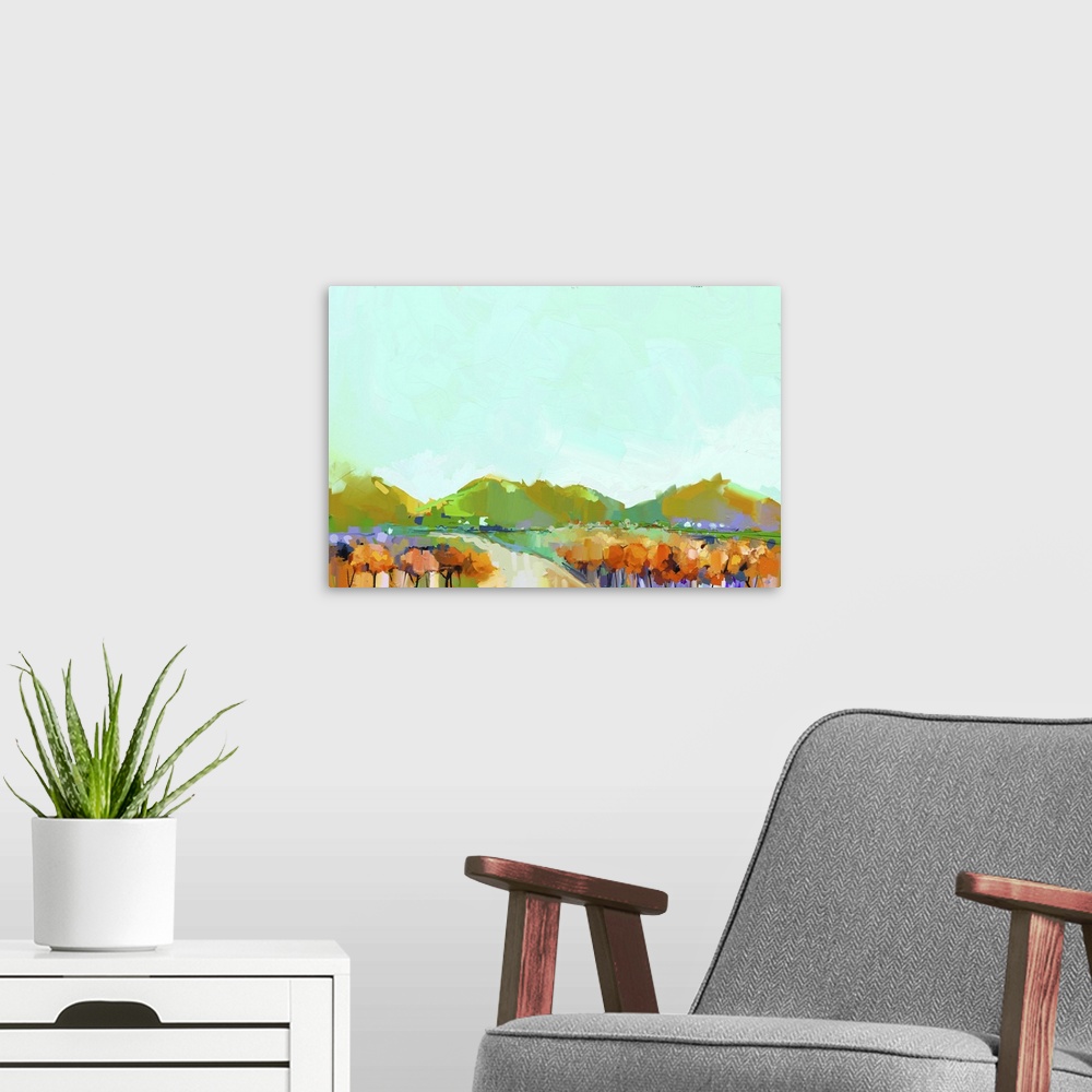 A modern room featuring Originally an abstract oil painting landscape on canvas. Semi- abstract image of hill, river and ...