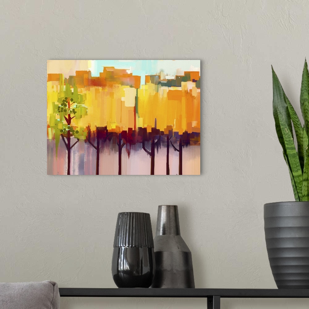 A modern room featuring Originally an oil painting landscape on canvas. Semi- abstract image of tree in yellow and green ...