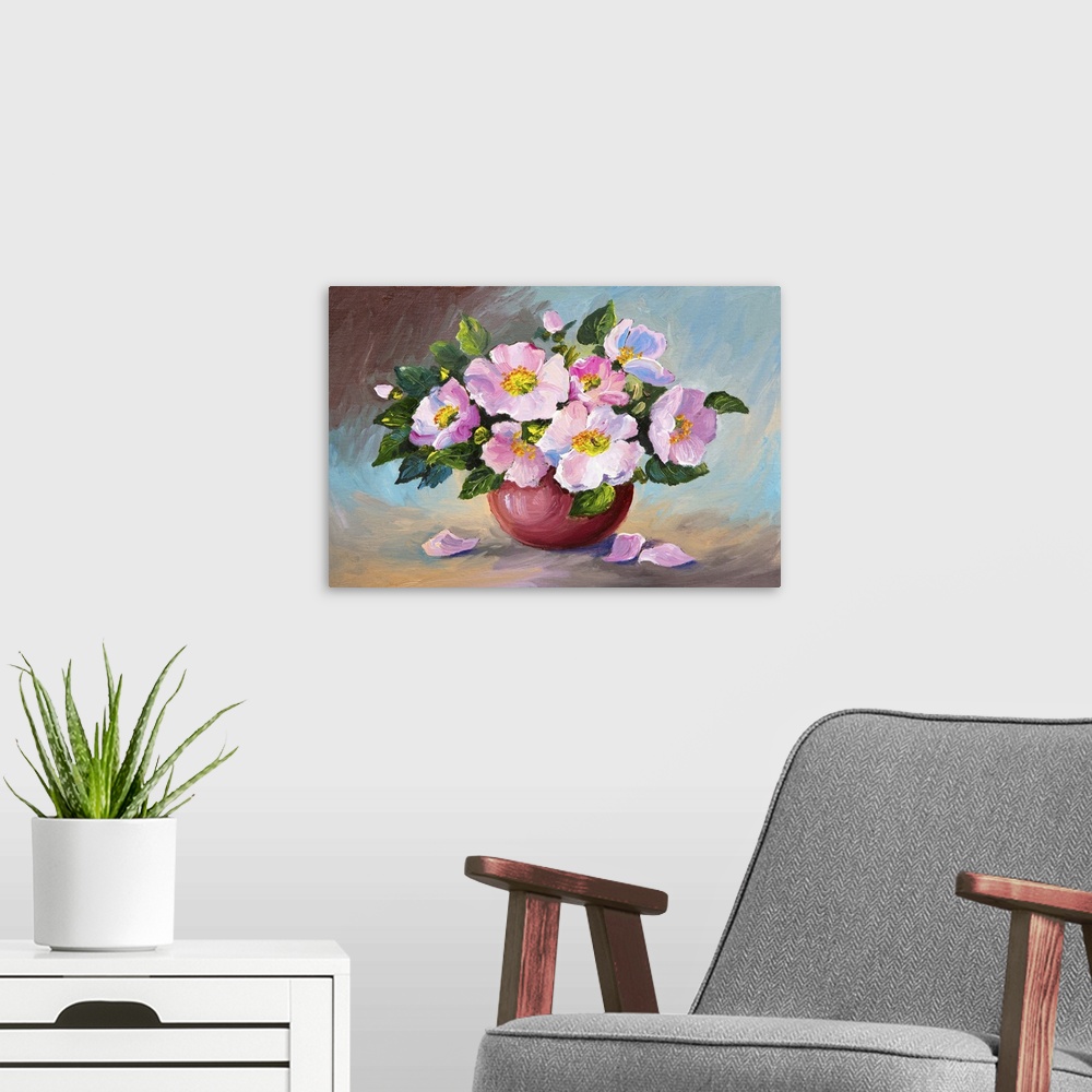 A modern room featuring Originally an oil painting of spring pink wild roses in a vase on canvas.