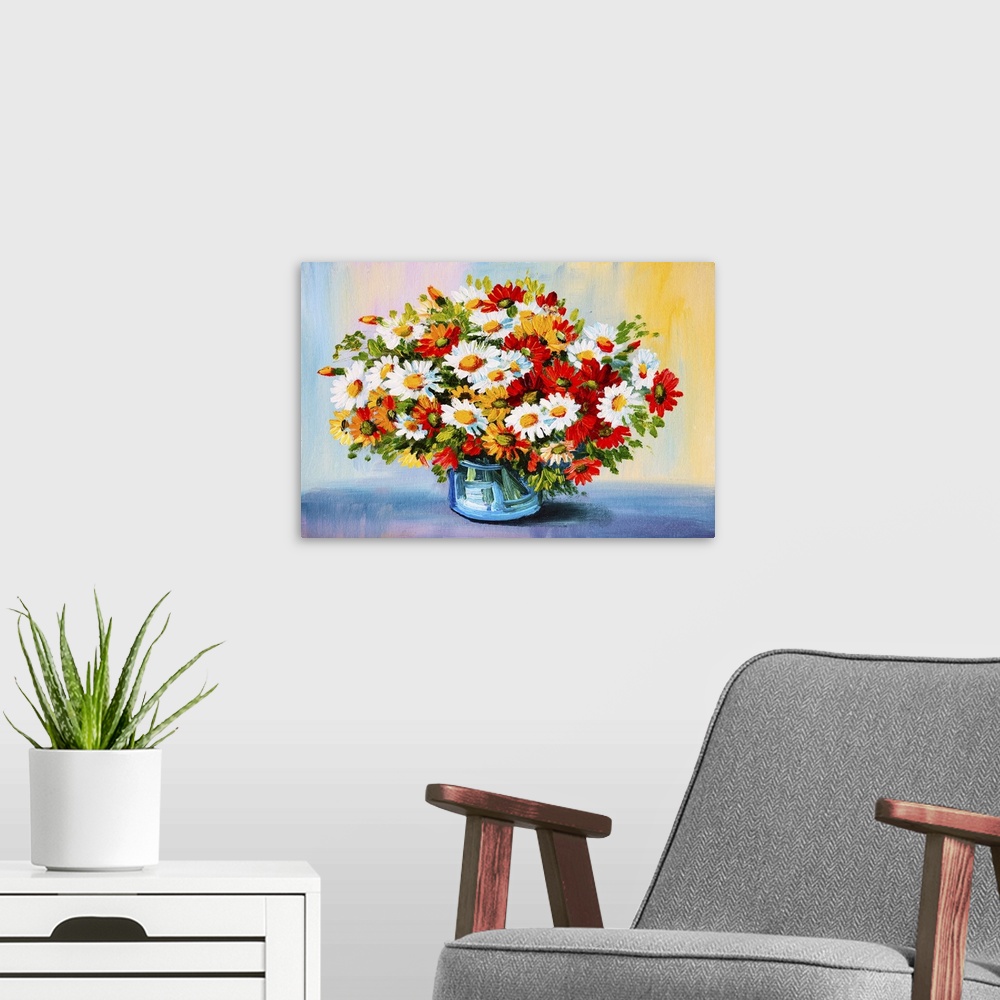 A modern room featuring Originally an oil painting of still life, a bouquet of flowers.