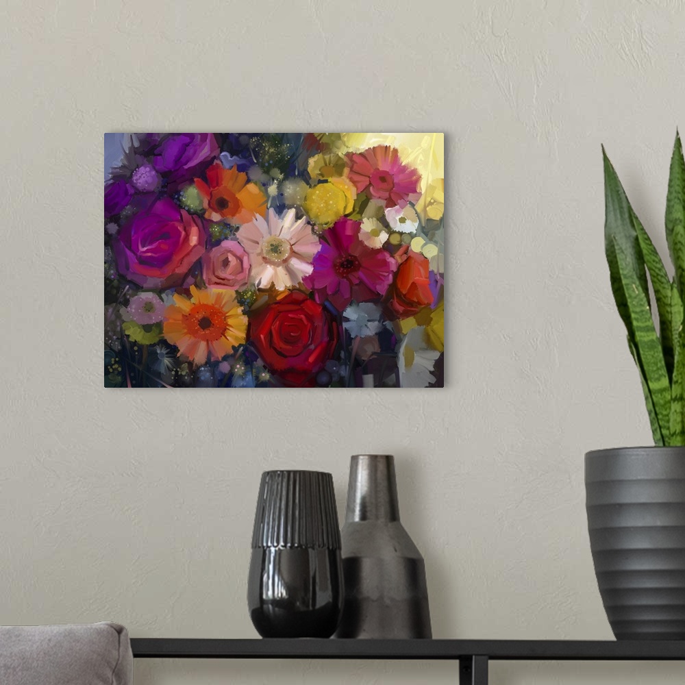 A modern room featuring Still life of yellow, red and pink color flower. Originally an oil painting of a colorful bouquet...