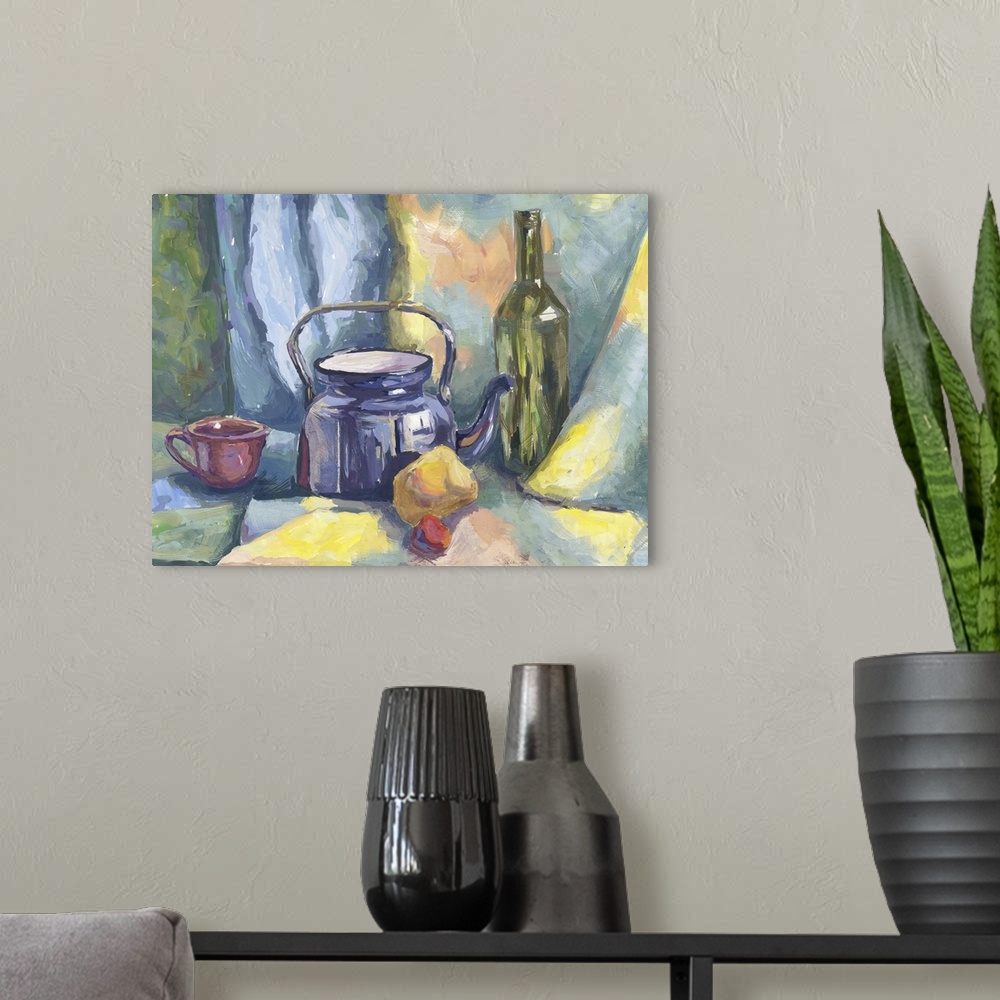 A modern room featuring Still life with metal teapot and bottle. Originally a gouache painting on paper.