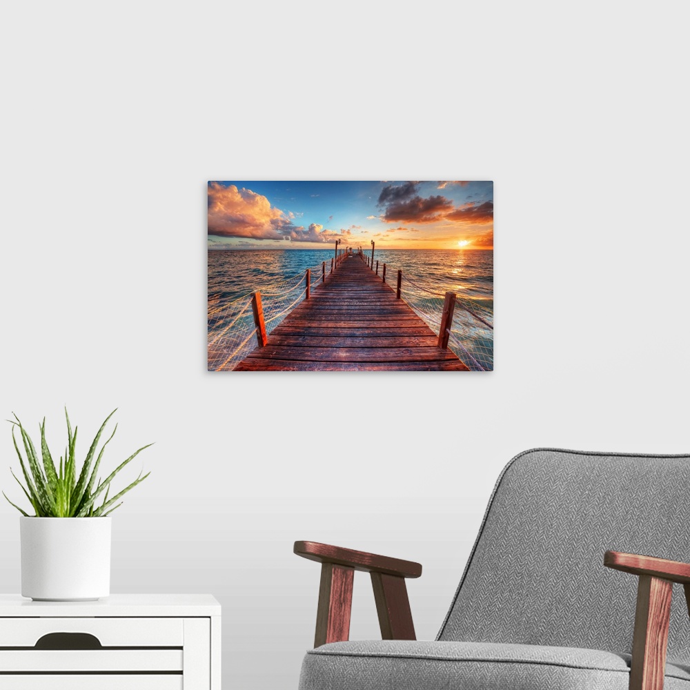 A modern room featuring Sunset Over Sea Pier