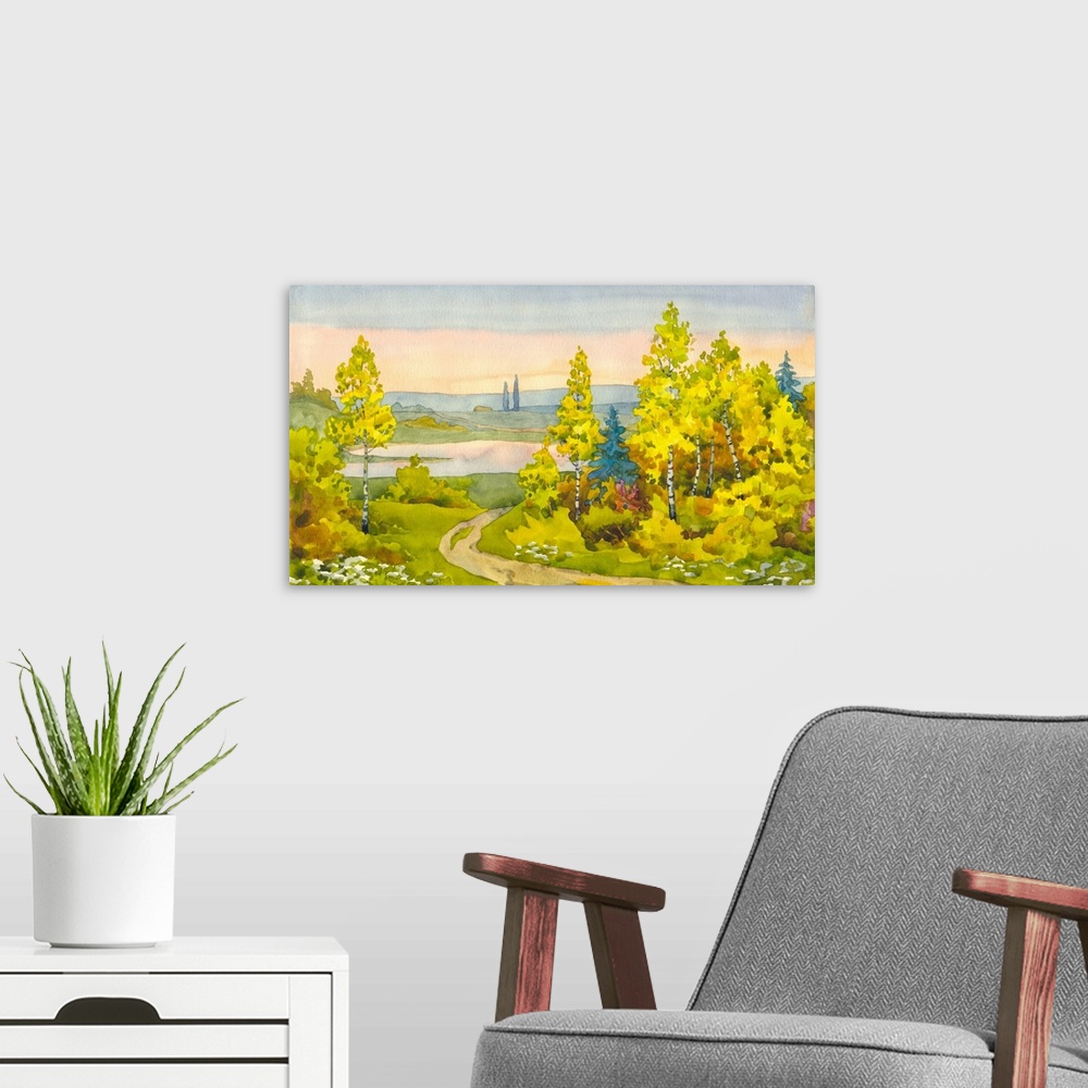 A modern room featuring Watercolor landscape of a narrow path winding its way among the yellowing of young trees to a lak...