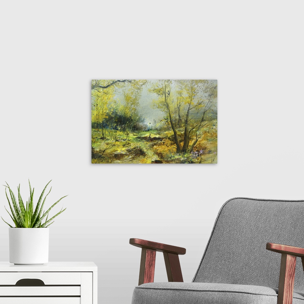 A modern room featuring Trees in the landscape, originally an oil painting, artistic background.