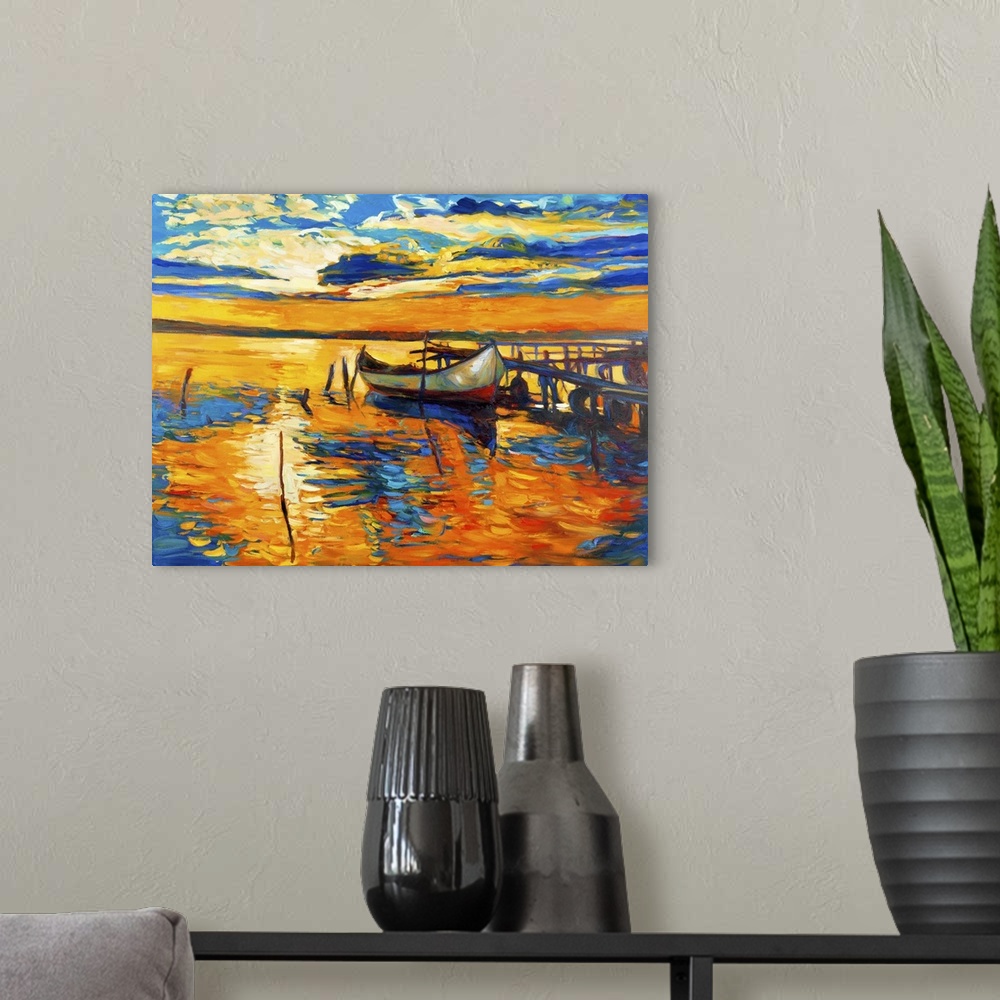 A modern room featuring Originally an oil painting on canvas of a boat and jetty (pier).