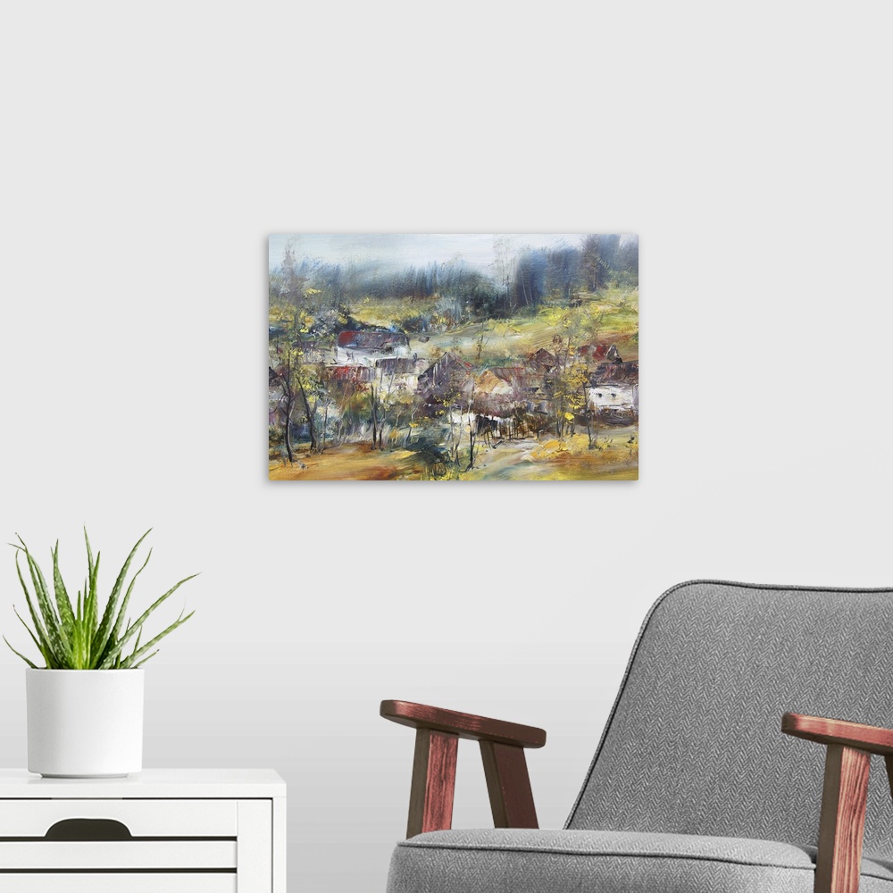 A modern room featuring Originally an oil painting.