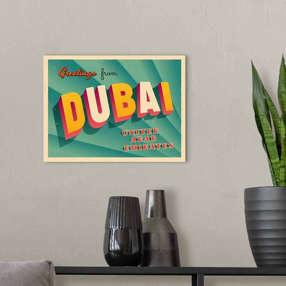 A modern room featuring Vintage touristic greeting card - Dubai, United Arab Emirates.