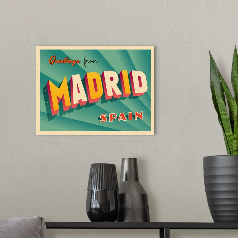A modern room featuring Vintage touristic greeting card - Madrid, Spain.