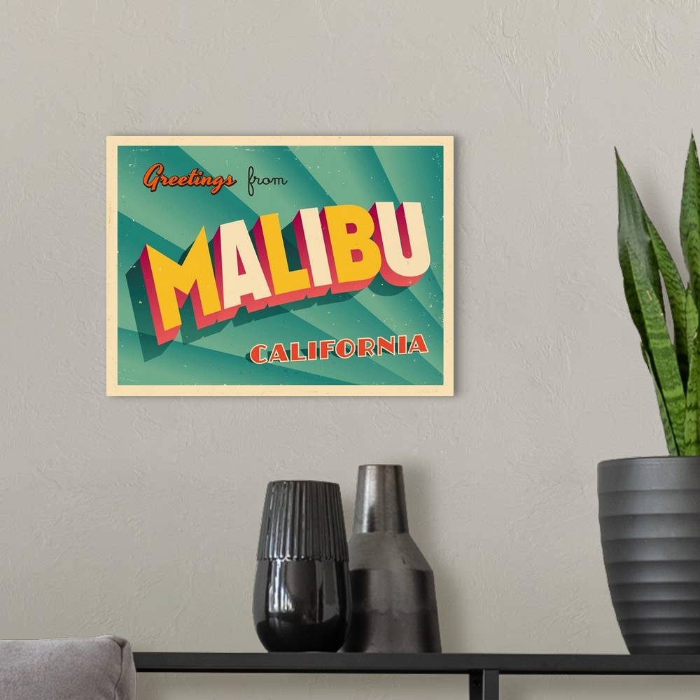 A modern room featuring Vintage touristic greeting card - Malibu, California.