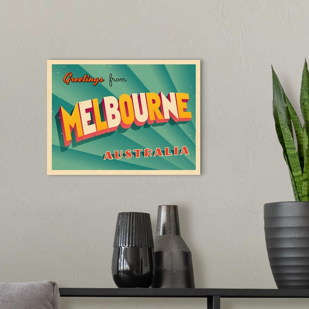 A modern room featuring Vintage touristic greeting card - Melbourne, Australia.