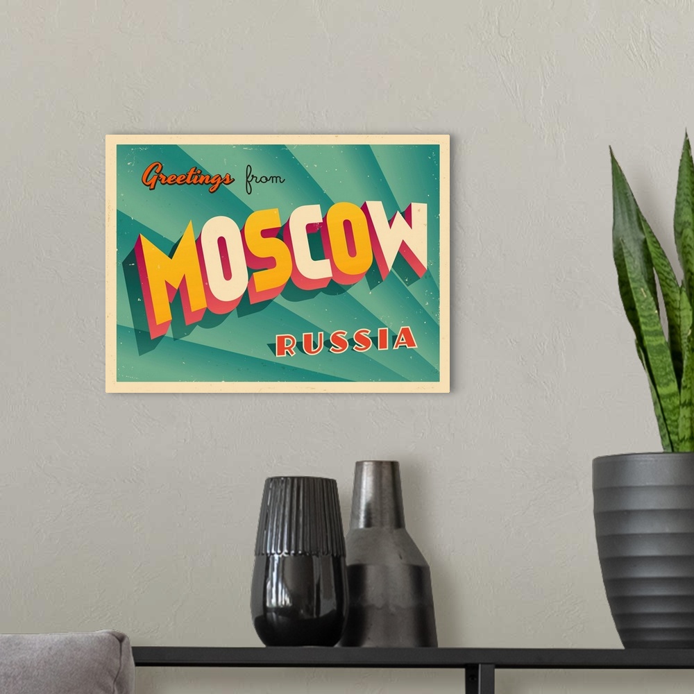 A modern room featuring Vintage touristic greeting card - Moscow, Russia.