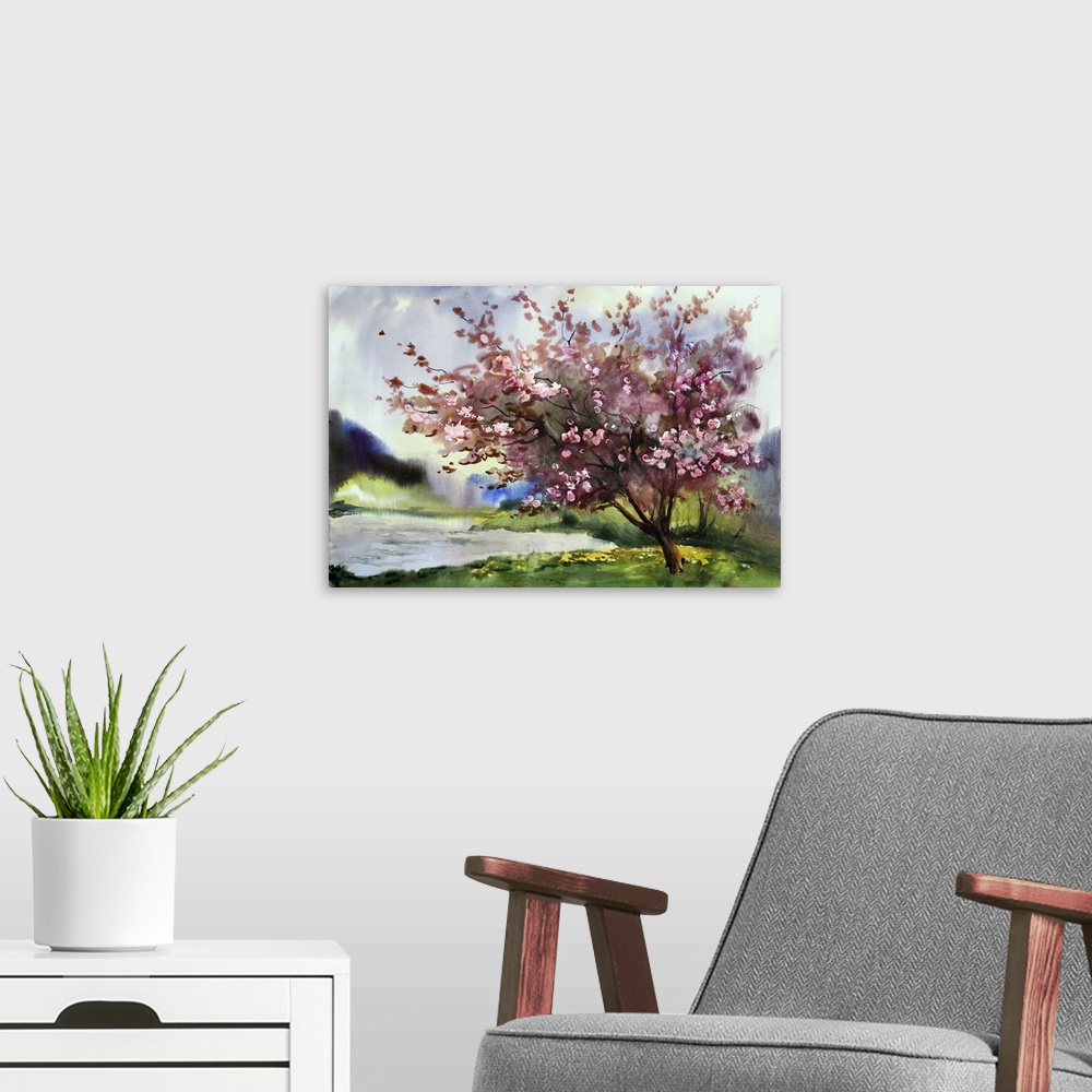 A modern room featuring Watercolor painting of a landscape with a blooming spring tree.