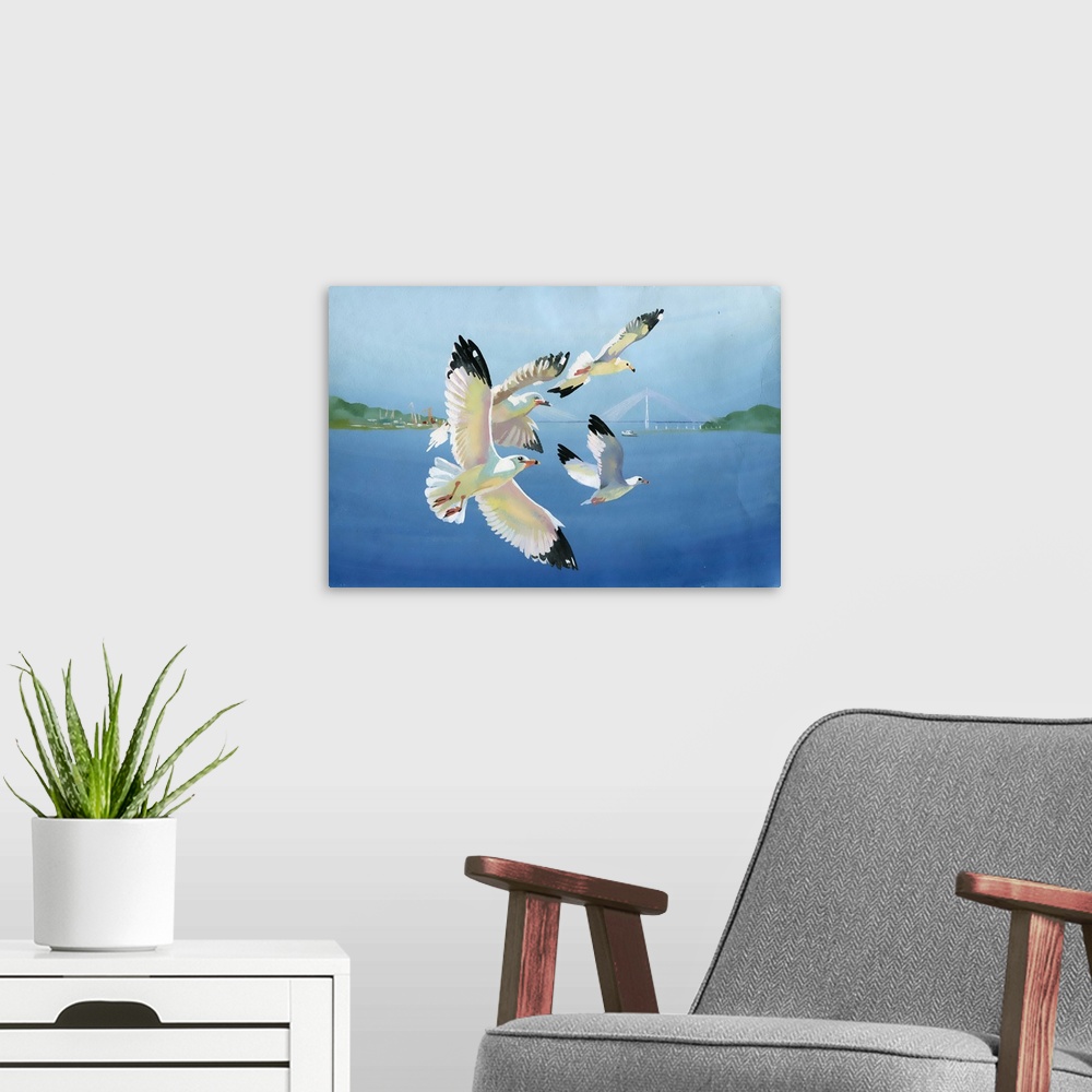 A modern room featuring Originally a watercolor painting of seagulls in flight and seascape.