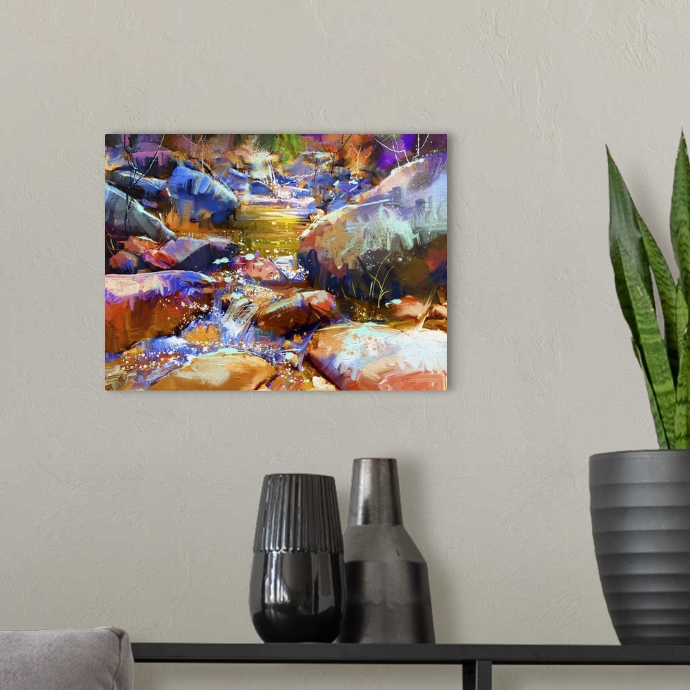A modern room featuring Beautiful waterfall with colorful stones in autumn forest, originally a digital painting.