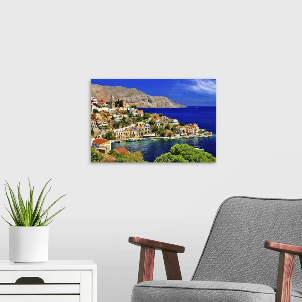 A modern room featuring Pictorial Greek islands, Symi.