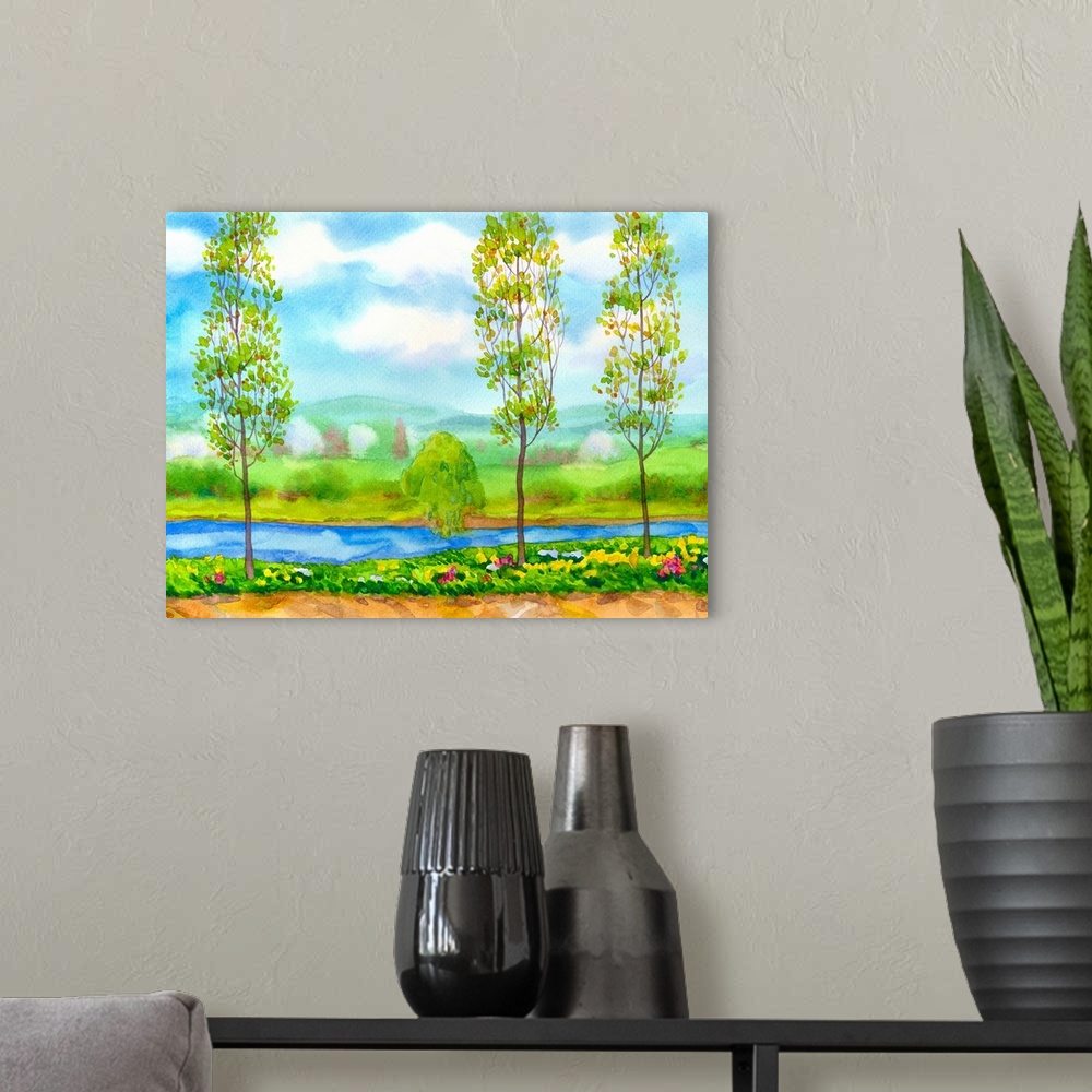 A modern room featuring Watercolor landscape of young poplar trees on the river in the freshness of a bright spring day.