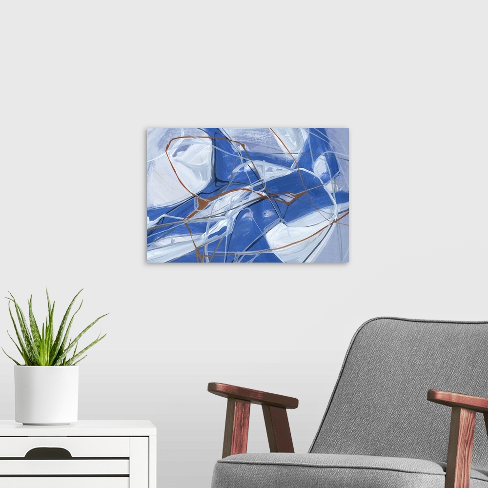 A modern room featuring A contemporary abstract painting of various blue tones in bold movements making interlocking webs.