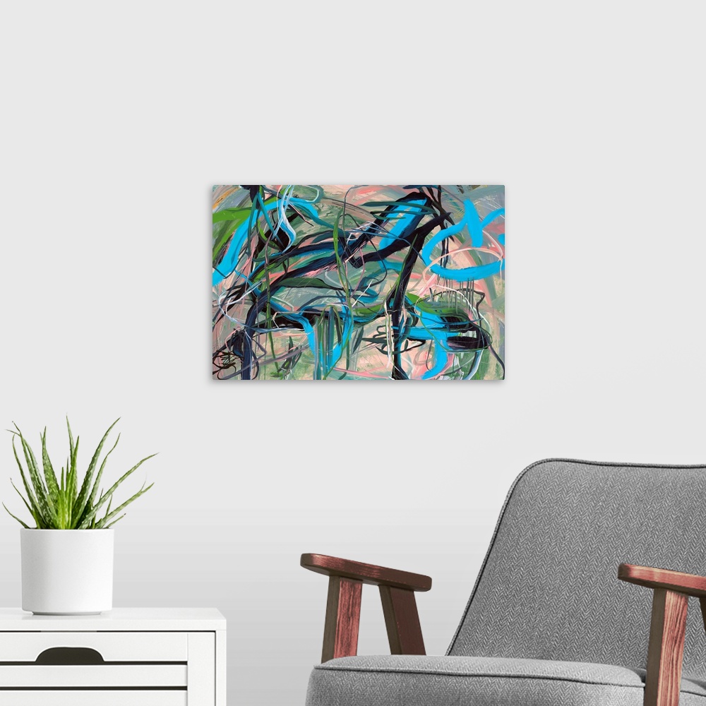 A modern room featuring Busy abstract painting with black, blue, white, pink, and green lines on top moving in all direct...